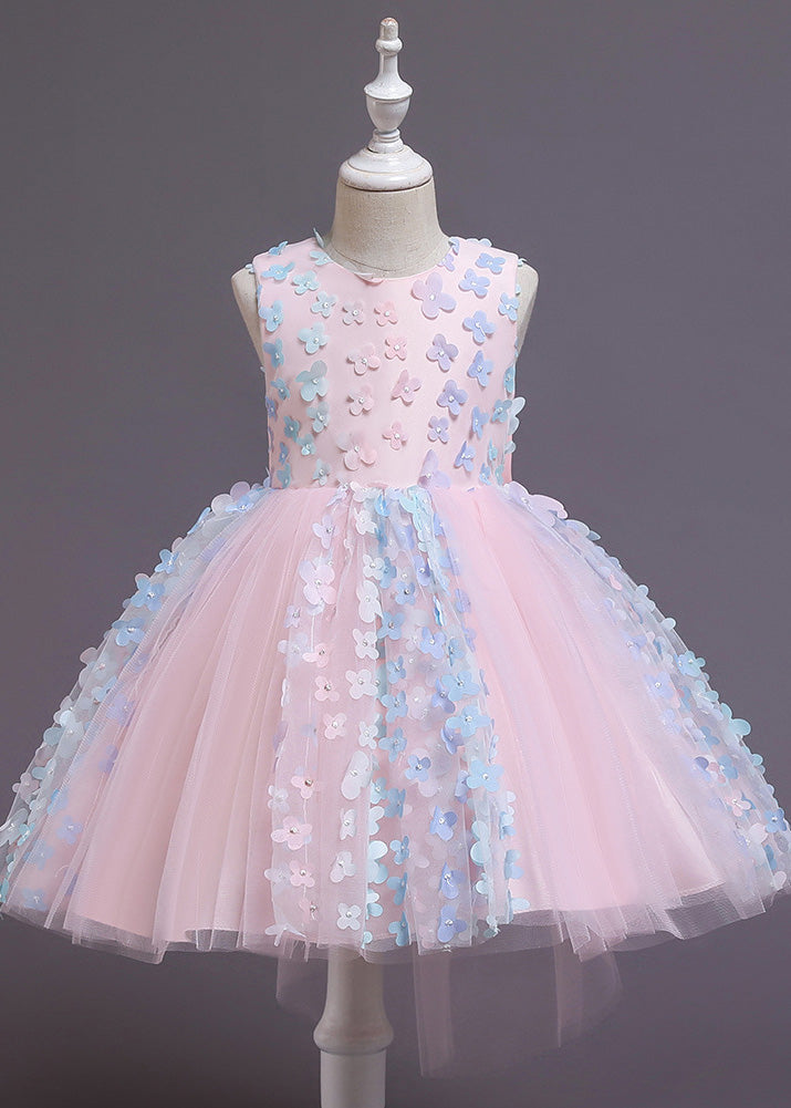 Vogue Pink Patchwork Floral Tulle Kids Long Dresses Summer