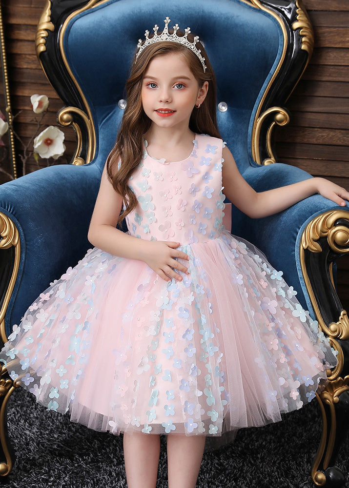 Vogue Pink Patchwork Floral Tulle Kids Long Dresses Summer