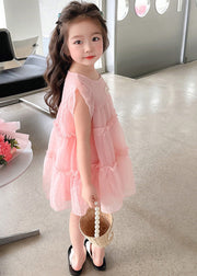 Vogue Pink Ruffled Patchwork Tulle Kids Mid Dress Summer