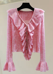 Vogue Pink V Neck Ruffled Patchwork Cotton Knit Sweater Winter