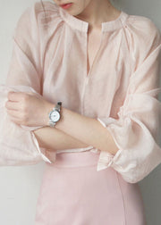 Vogue Pink V Neck Silk Shirts Lantern Sleeve