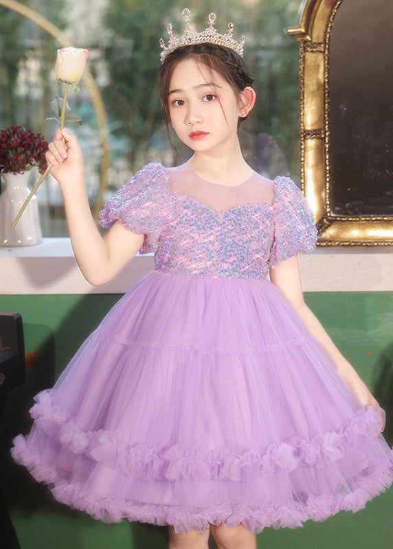 Vogue Purple O-Neck Ruffled Patchwork Tulle Kids Vacation Long Dresses Short Sleeve