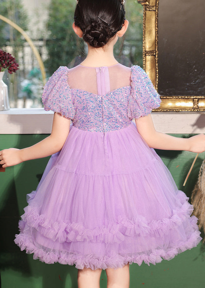 Vogue Purple O-Neck Ruffled Patchwork Tulle Kids Vacation Long Dresses Short Sleeve