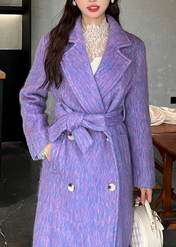 Vogue Purple Pockets Patchwork Long Woolen Coats Spring