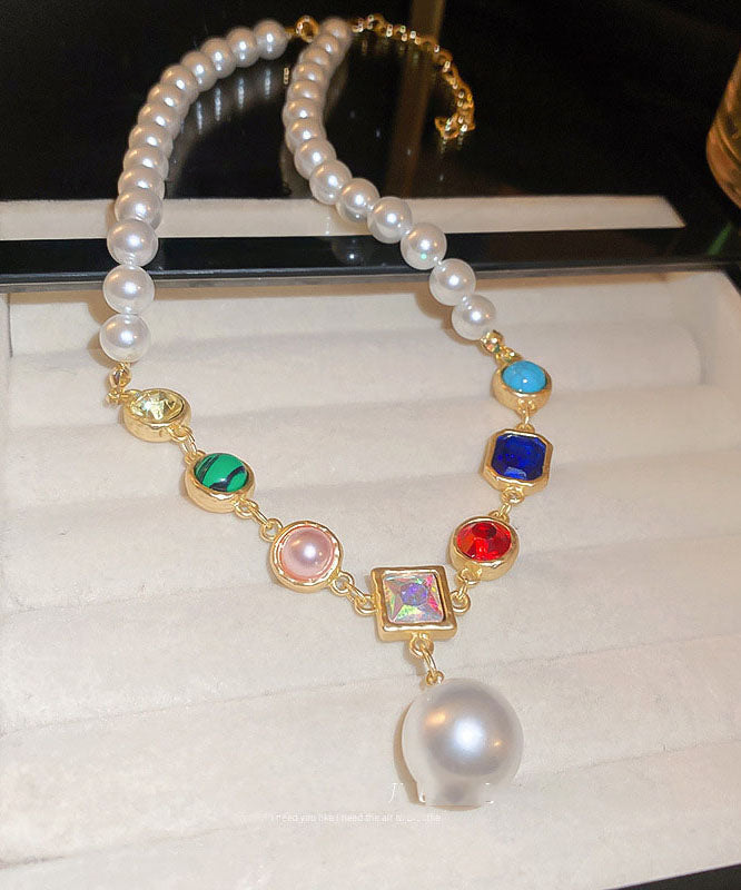 Vogue Rainbow Alloy Crystal Pearl Square Pendant Necklace