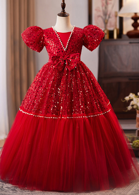 Vogue Red Bow Patchwork Nail Bead Tulle Girls Holiday Long Dress Summer