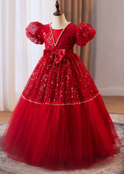 Vogue Red Bow Patchwork Nail Bead Tulle Girls Holiday Long Dress Summer