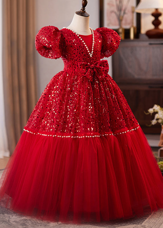 Vogue Red Bow Patchwork Nail Bead Tulle Girls Holiday Long Dress Summer