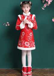 Vogue Red Embroideried Patchwork Button Warm Fleece Kids Mid Dress Long Sleeve