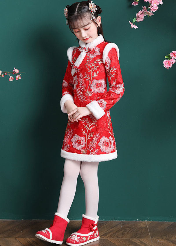 Vogue Red Embroideried Patchwork Button Warm Fleece Kids Mid Dress Long Sleeve