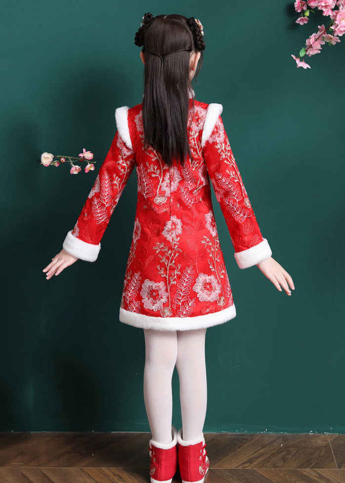 Vogue Red Embroideried Patchwork Button Warm Fleece Kids Mid Dress Long Sleeve