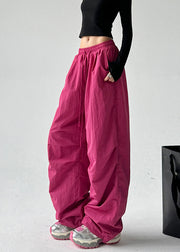 Vogue Red Pockets Tie Waist Solid Warm Fleece Straight Pants Spring