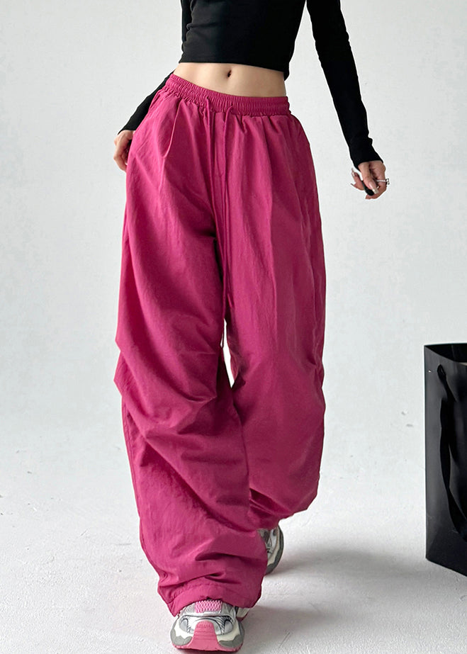 Vogue Red Pockets Tie Waist Solid Warm Fleece Straight Pants Spring