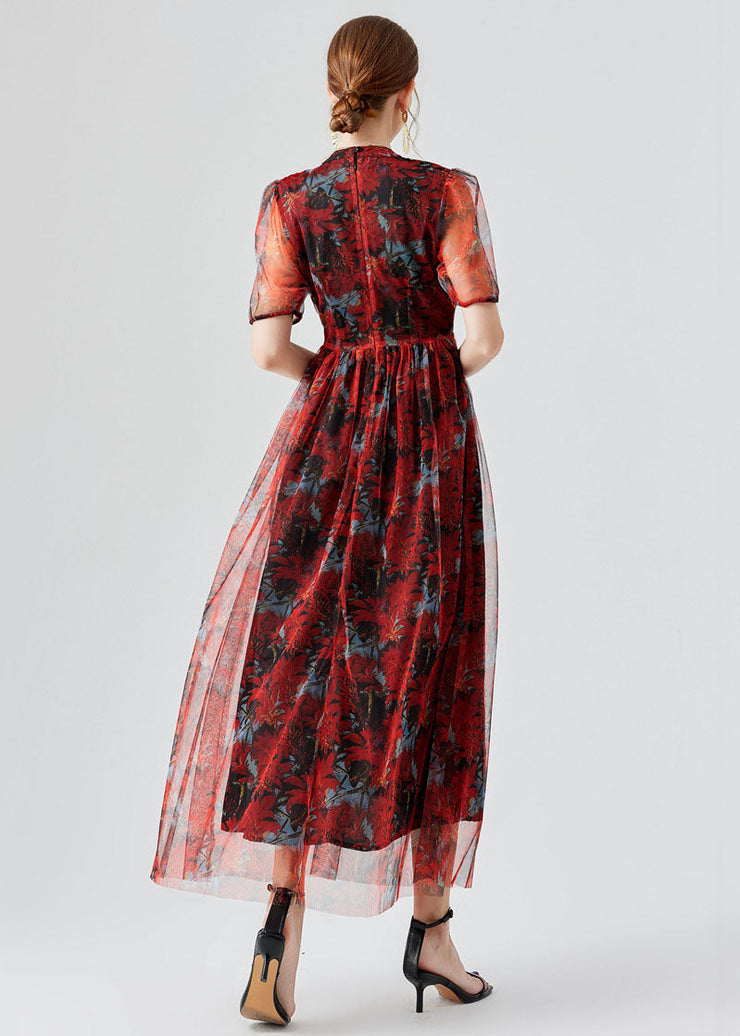 Vogue Red Ruffled Print Patchwork Tulle Long Dress Summer