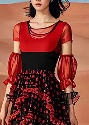 Vogue Red Ruffled Tulle Patchwork Chiffon Long Dresses Long Sleeve