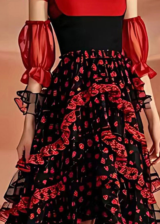 Vogue Red Ruffled Tulle Patchwork Chiffon Long Dresses Long Sleeve