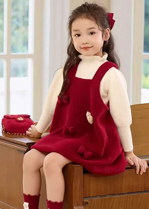 Vogue Red Slash Neck Silk Velour Kids Long Spaghetti Strap Dress Spring