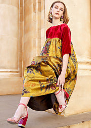 Vogue Red Square Collar Wrinkled Patchwork Silk Velour Maxi Dress Fall