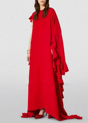 Vogue Red Ssymmetrical Ruffled Patchwork Chiffon Long Dresses Summer