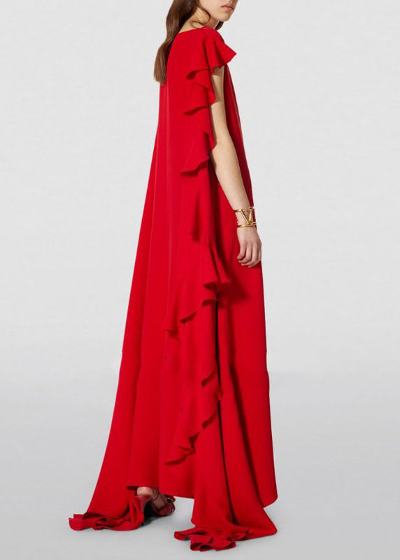 Vogue Red Ssymmetrical Ruffled Patchwork Chiffon Long Dresses Summer