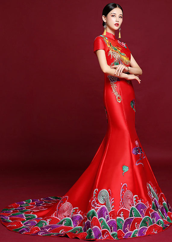 Vogue Red Stand Collar Embroidered Silk Mopping Fishtail Long Dress Short Sleeve