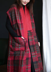 Vogue Red V Neck Plaid Button Warm Fleece Waistcoat Winter