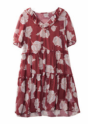 Vogue Red V Neck Print Ruffled Wrinkled Chiffon Mid Dresses Short Sleeve