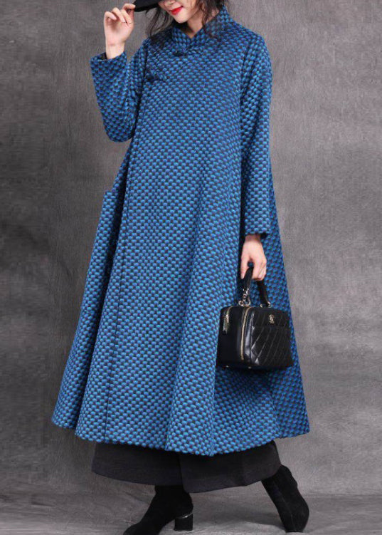 Vogue Rose Stand Collar Asymmetrical Plaid Button Woolen Maxi Coats Spring