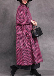 Vogue Rose Stand Collar Asymmetrical Plaid Button Woolen Maxi Coats Spring