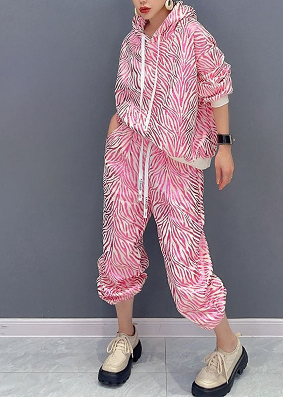 Vogue Rose Striped Print Hooded Top And Pants Two Pieces Set Fall