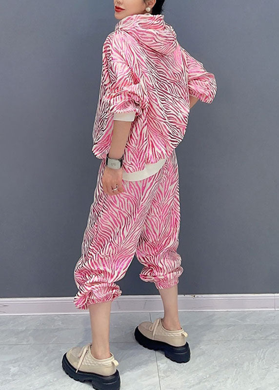 Vogue Rose Striped Print Hooded Top And Pants Two Pieces Set Fall