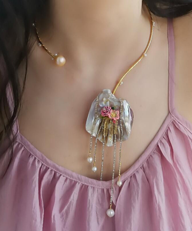 Vogue Sterling Silver Overgild Asymmetrical Pearl Zircon Floral Tassel Pendant Necklace