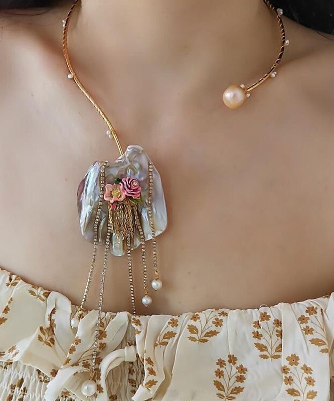 Vogue Sterling Silver Overgild Asymmetrical Pearl Zircon Floral Tassel Pendant Necklace