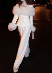 Vogue White Fur Collar Coats And Wide Leg Pants Two Pieces Set Winter