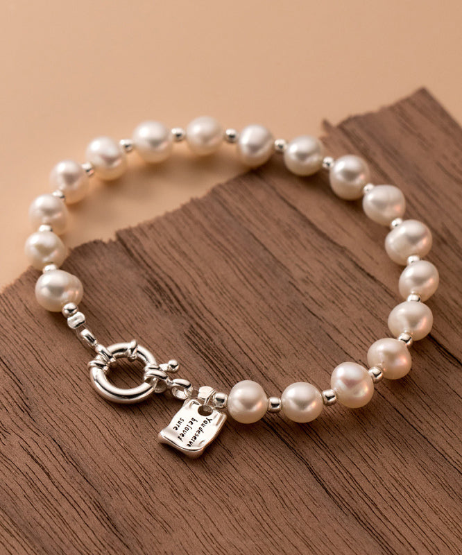 Vogue White Sterling Silver Pearl Beading Graphic Charm Bracelet