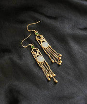 Vogue White Tassel Gold Plated Inlaid Hetian Jade Drop Earringss