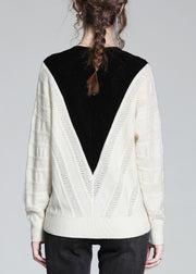 Vogue White V Neck Thick Patchwork Woolen Sweaters Spring