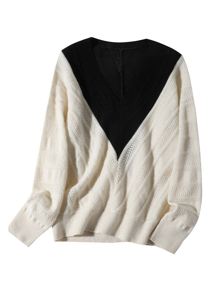 Vogue White V Neck Thick Patchwork Woolen Sweaters Spring