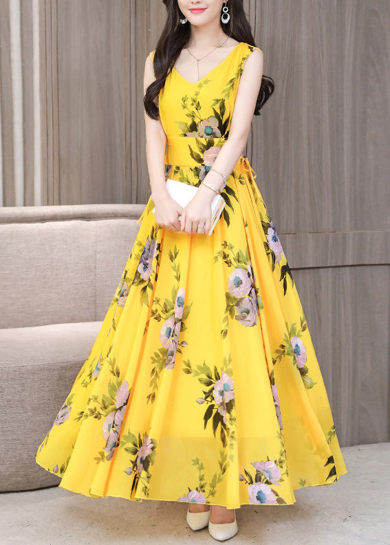 Vogue Yellow V Neck Print Chiffon Long Dresses Summer