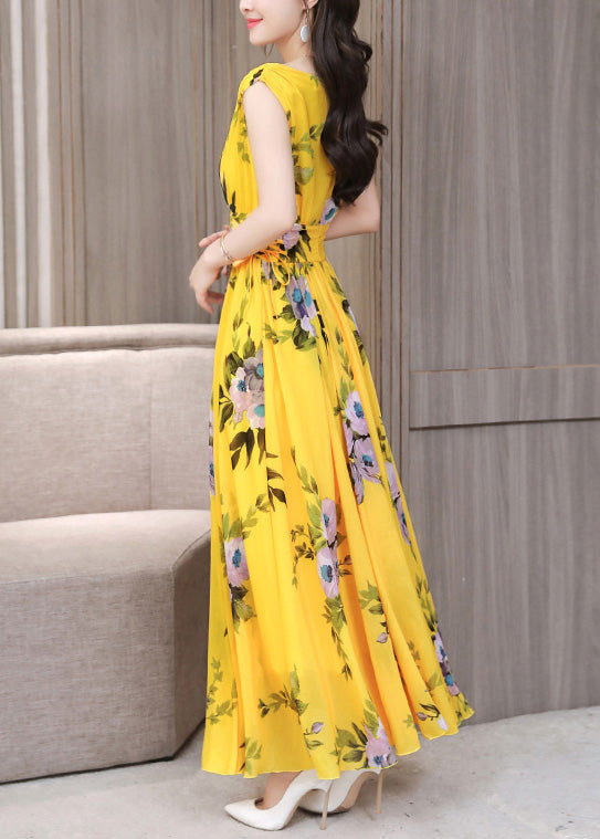 Vogue Yellow V Neck Print Chiffon Long Dresses Summer