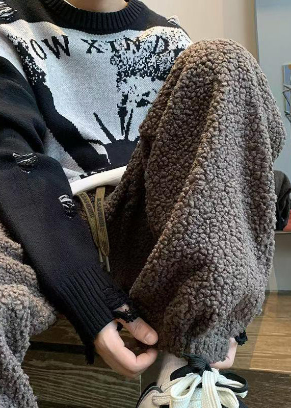 Warm Coffee Solid Elastic Waist Teddy Faux Fur Mens Beam Pants Winter