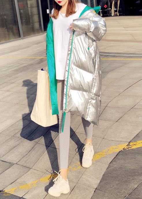 Warm Loose fitting womens silver patchwork green hooded zippered goose Down coat