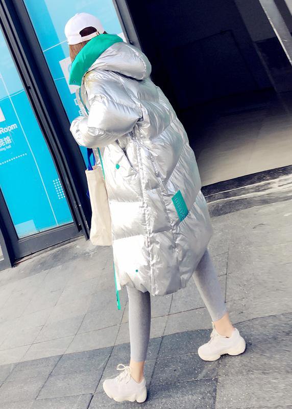 Warm Loose fitting womens silver patchwork green hooded zippered goose Down coat