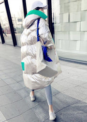 Warm Loose fitting womens silver patchwork green hooded zippered goose Down coat