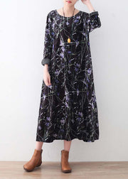 Warme, schwarz-lila bedruckte Seidenkordsamtkleider übergroße Winterkleider Elegantes langes Kleid mit O-Ausschnitt