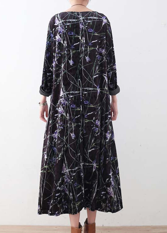 Warme, schwarz-lila bedruckte Seidenkordsamtkleider übergroße Winterkleider Elegantes langes Kleid mit O-Ausschnitt