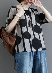 Water Ink Polka Dot Stripe Printed Cotton Linen T-shirt