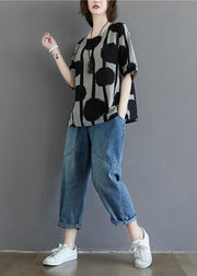 Water Ink Polka Dot Stripe Printed Cotton Linen T-shirt