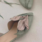 Handmade Pink Satins Flower Pointed Toe Flat Shoes