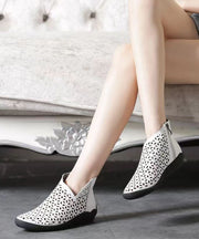 White Ankle Boots Wedge Cowhide Leather Women Splicing Hollow Out